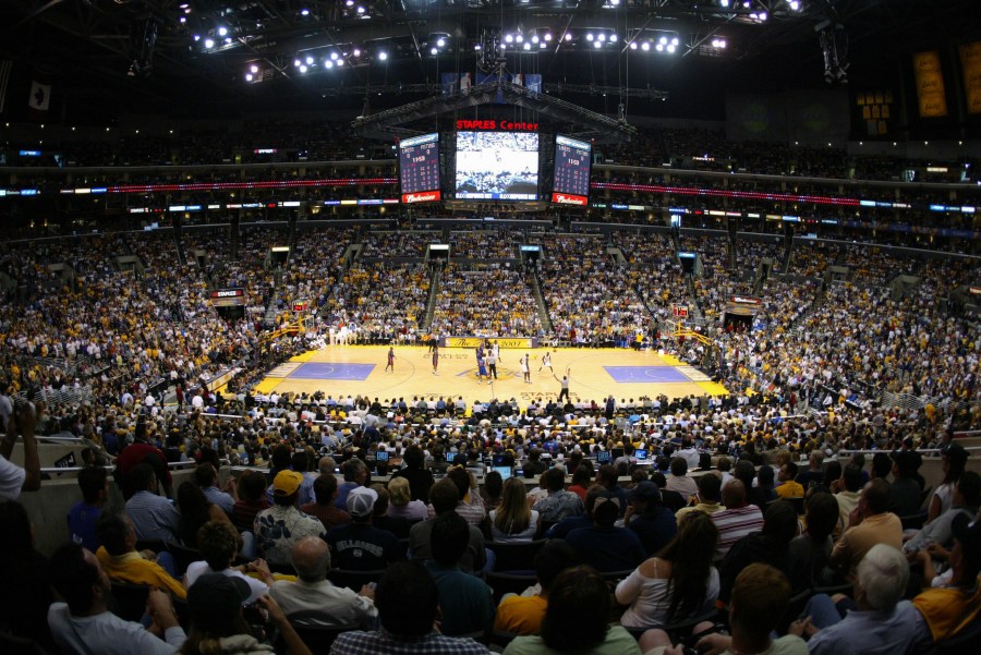 General view of in Game 1 of the 2004 NBA Finals between the Los Angeles Lakers and the Detroit Pistons at Staples Center on June 6, 2004, in Los Angeles, California. The Pistons won 87-75. (Elsa/Getty Images)