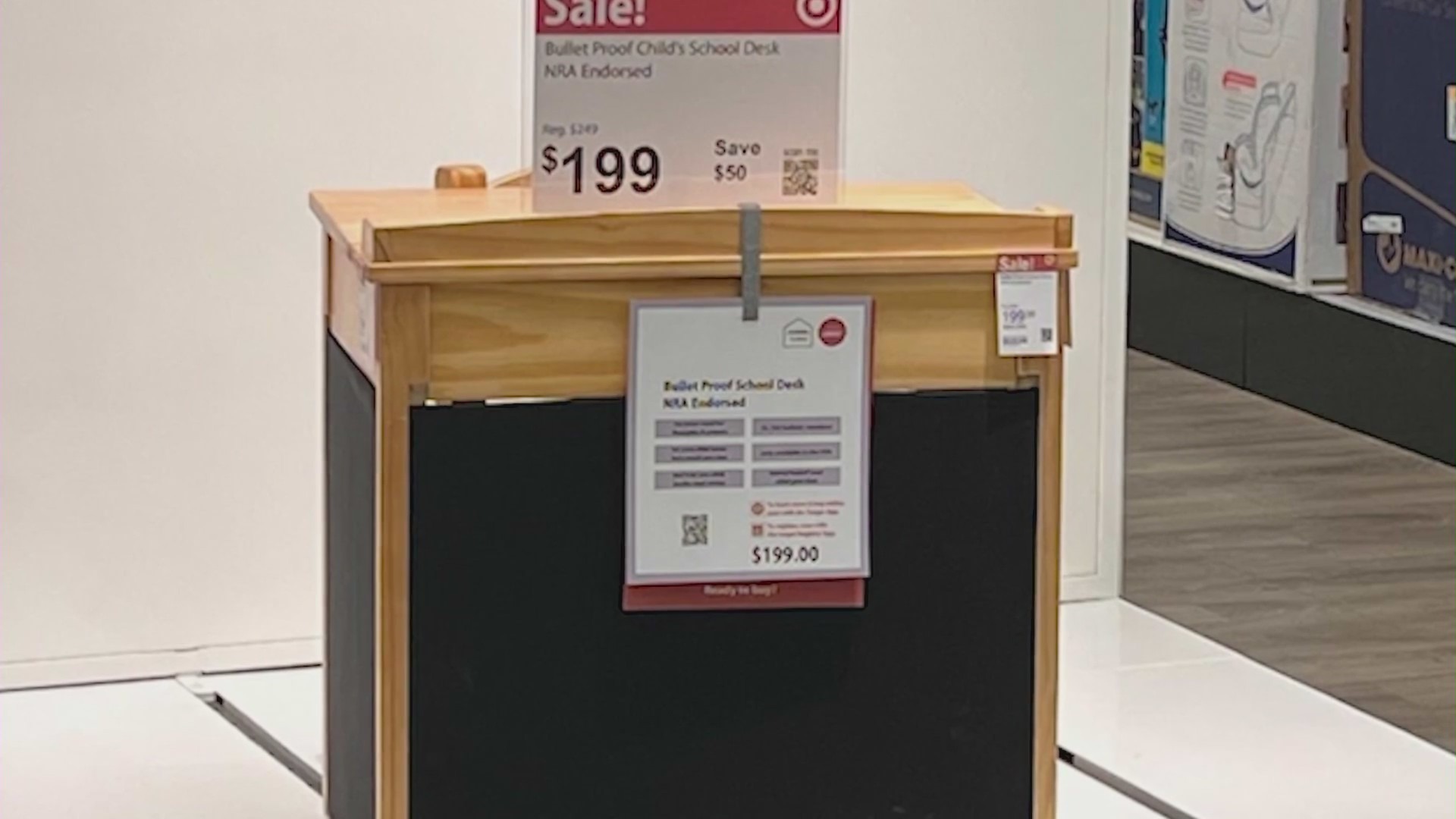 The artist Plastic Jesus displayed a "bulletproof desk" in a Target store in West Hollywood on June 30, 2022. (Plastic Jesus)