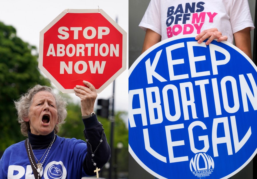 A woman holds a sign saying "stop abortion now," at a protest outside of the U.S. Supreme Court in Washington on May 5, 2022, left, and another woman holds a sign during a news conference for reproductive rights in response to the leaked draft of the Supreme Court's opinion to overturn Roe v. Wade, in West Hollywood on March 3, 2022. (AP Photos)