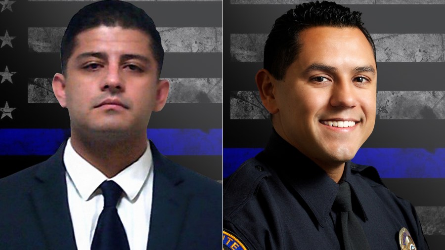 Officer Joseph Santana (left) and Corporal Micheal Paredes (right) are shown in photos released by the El Monte Police Department on June 15, 2022. 