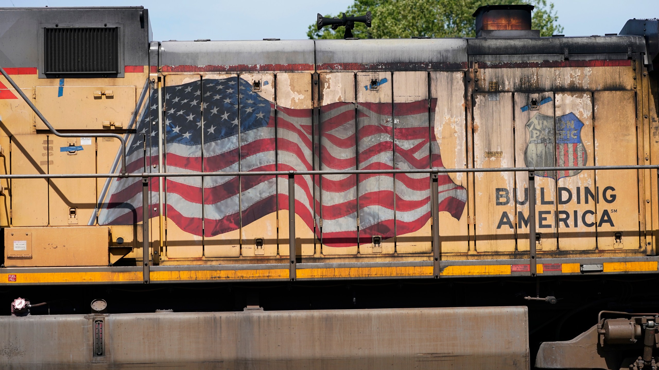 An American flag is emblazoned on this Union Pacific Railroad locomotive sitting in the Jackson, Miss., terminal rail yard on April 20, 2022. (Rogelio V. Solis/Associated Press)