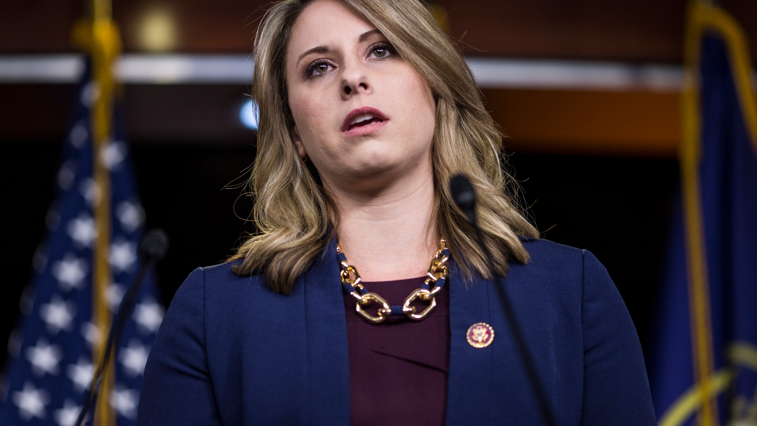 Rep. Katie Hill (D-CA) speaks during a news conference on April 9, 2019. (Zach Gibson/Getty Images)