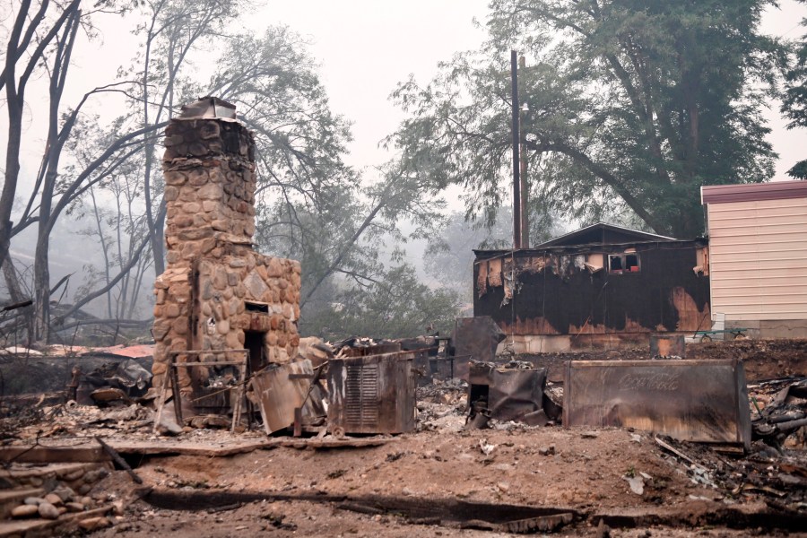 A structure in Klamath River, Calif., is seen destroyed by the McKinney Fire, Saturday, July 30, 2022. (Scott Stoddard/Grants Pass Daily Courier via AP)