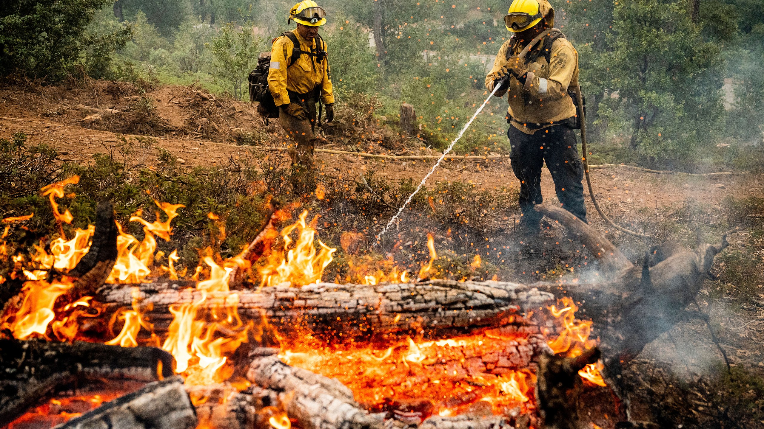 Firefighters mop up hot spots while battling the Oak Fire in the Jerseydale community of Mariposa County, Calif., on Monday, July 25, 2022. They are part of Task Force Rattlesnake, a program comprised of Cal Fire and California National Guard firefighters. (AP Photo/Noah Berger)