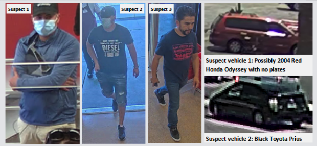 The Los Angeles County Sheriff's Department released these images of suspects and vehicles involved in a follow robbery in Norwalk in June.