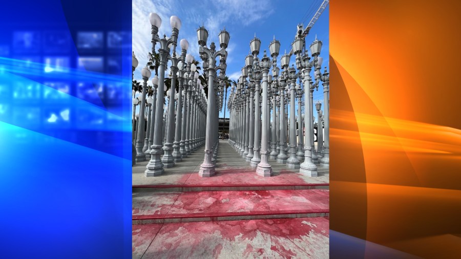 "Urban Light" at LACMA was damaged and vandalized by abortion rights protesters on July 28, 2022, according to police. (LAPD)