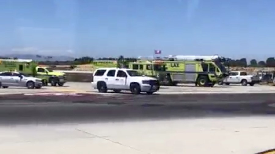 The Los Angeles Fire Department responds to LAX after a Delta plane lands safely despite an issue with its tires on July 19, 2022. (Courtesy)