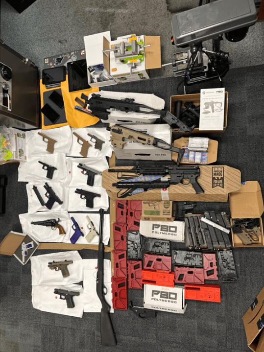 A cache of ghost guns seized by police is seen in an image released by the LAPD on July 20, 2022. 