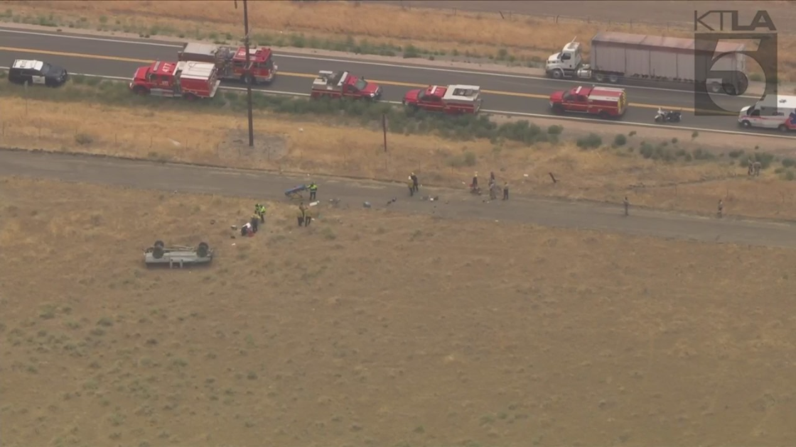 Authorities respond to a rollover crash along the 138 Freeway in Gorman on July 28, 2022. (KTLA)