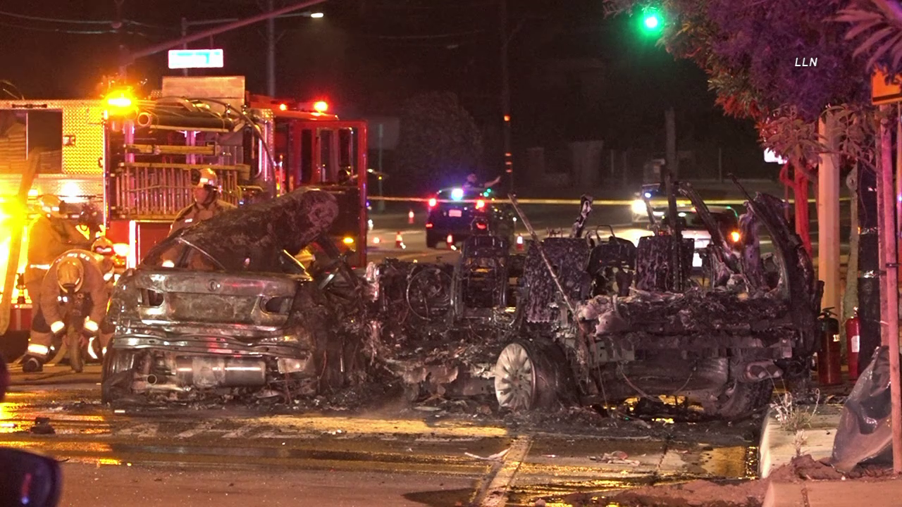 The remains of two vehicles torched in a high-speed crash in Rowland Heights on July 1, 2022 (Loudlabs News)