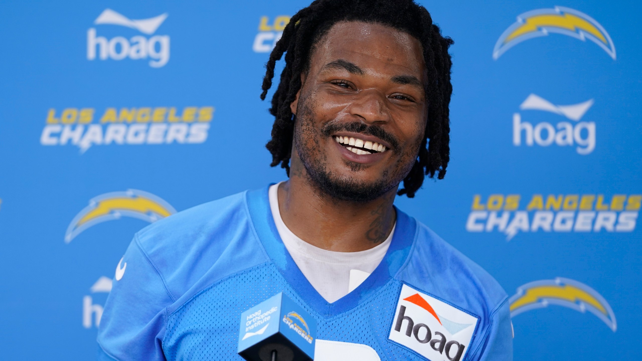 Los Angeles Chargers safety Derwin James Jr. speaks to reporters after an NFL football practice at the Chargers practice facility in Costa Mesa on May 23, 2022. (Ashley Landis/Associated Press)