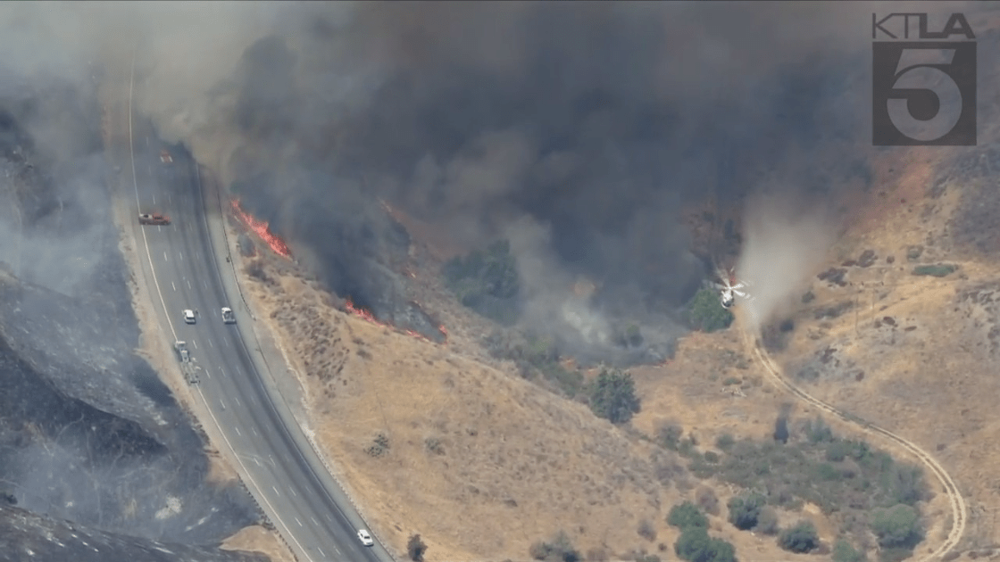 The Route Fire was burning on both sides of the 5 Freeway near Castaic on Aug. 31, 2022. (KTLA)