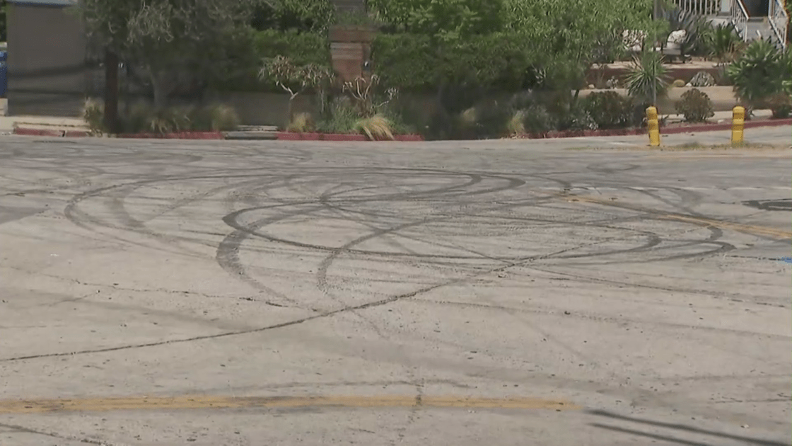 Tire marks are seen in an Angelino Heights neighborhood where the "Fast and Furious" movies are filmed on Aug. 23, 2022. (KTLA)