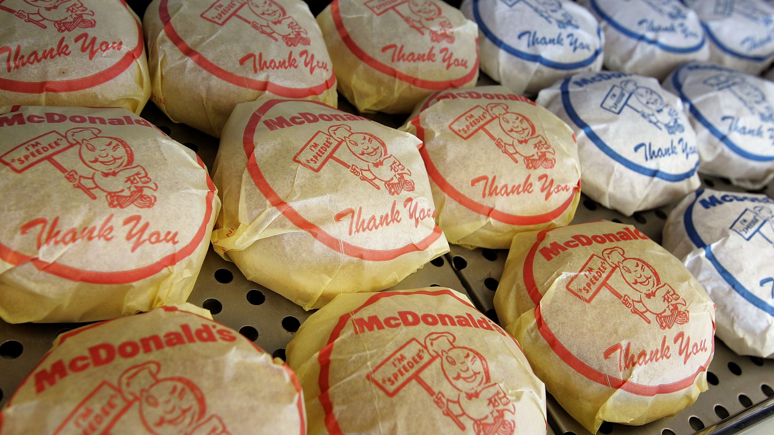 A wrapped cheeseburger and hamburger display sits inside the McDonald's USA First Store Museum April 14, 2005, in Des Plaines, Illinois. (Tim Boyle/Getty Images)