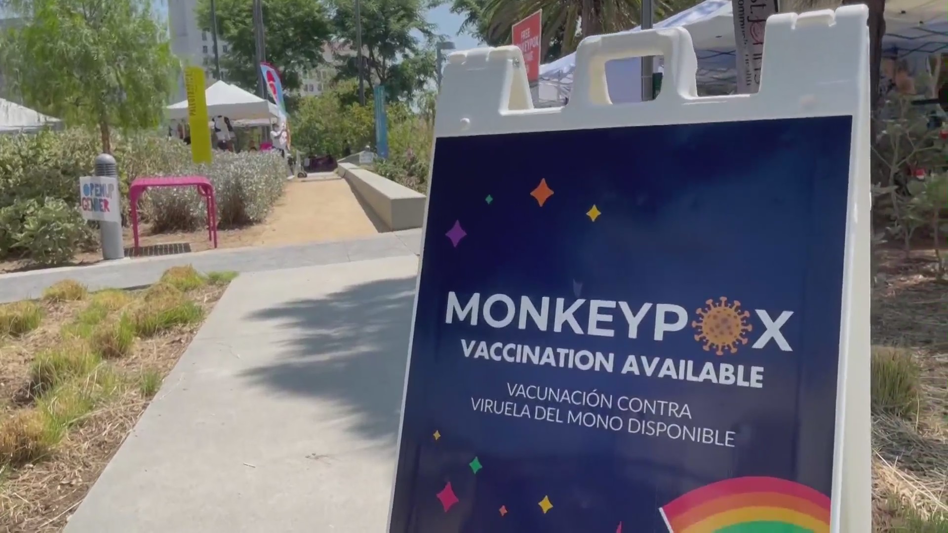 Health care groups hoped to vaccinate hundreds against monkeypox at Grand Park on Aug. 27, 2022. (KTLA)