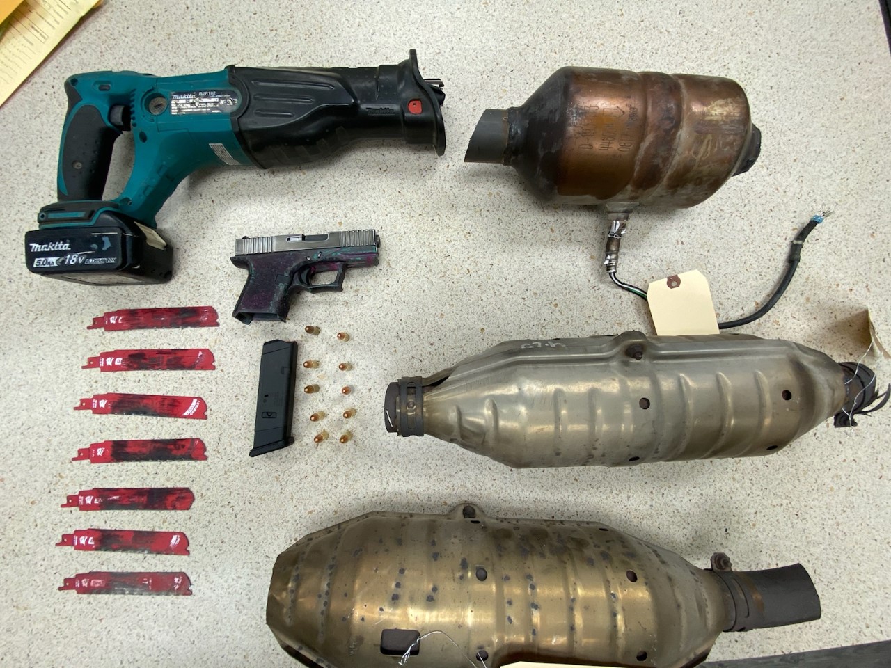 Deputies found a "ghost gun," ammunition, catalytic converters and theft tools when they pulled over a stolen car on Aug. 30, 2022, the San Bernardino County Sheriff's Department said.