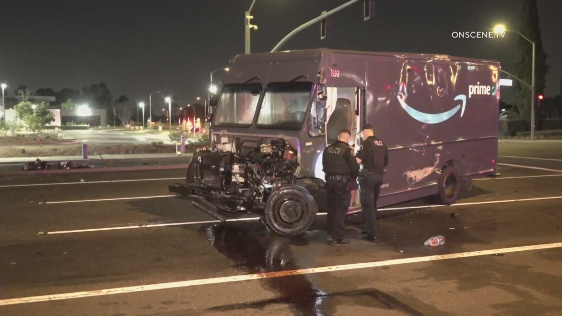 A heavily damaged Amazon delivery truck is seen in the aftermath of a fatal crash in Cypress on Aug. 21, 2022. (OnScene.TV)