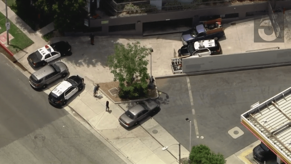 Several patrol units respond to a triple shooting in Paramount on Aug. 1, 2022. (KTLA)