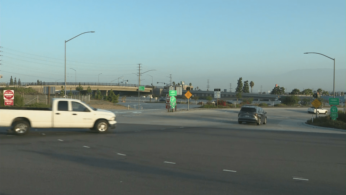 The entrance of the eastbound 91 Freeway is seen on Sept. 16, 2022. (KTLA)