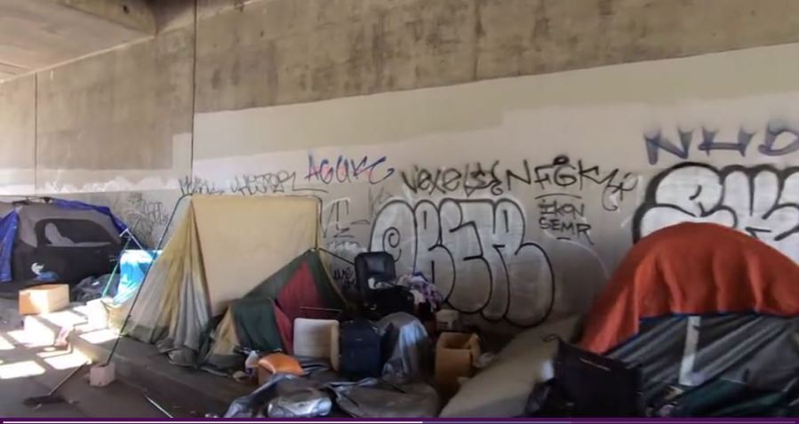 A row of tents under a bridge in Los Angeles (KTLA)