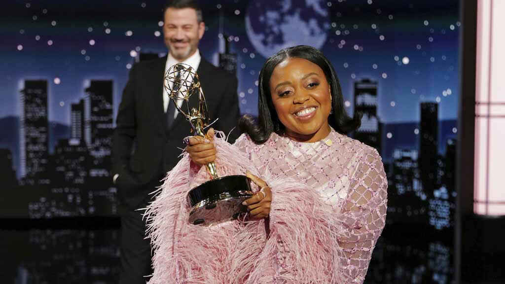 Kimmel apologized to Brunson during a taping of his late-night show, but not before she "interrupted" his monologue to finish her speech. (Randy Holmes/ABC via AP)