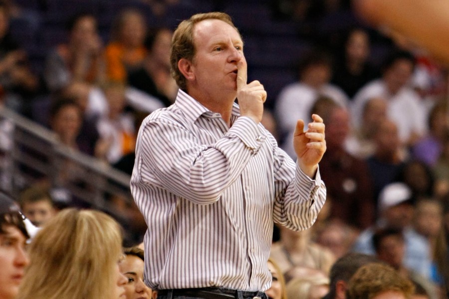 Phoenix Suns owner Robert Sarver gestures to Indiana Pacers' Danny Granger after Granger missed a shot during the second half of an NBA basketball game Saturday, March 6, 2010 in Phoenix. Robert Sarver says he has started the process of selling the Phoenix Suns and Phoenix Mercury, a move that comes only eight days after he was suspended by the NBA over workplace misconduct including racist speech and hostile behavior toward employees. Sarver made the announcement Wednesday, Sept. 21, 2022, saying selling “is the best course of action.” He has owned the teams since 2004. (AP Photo/Matt York, File)