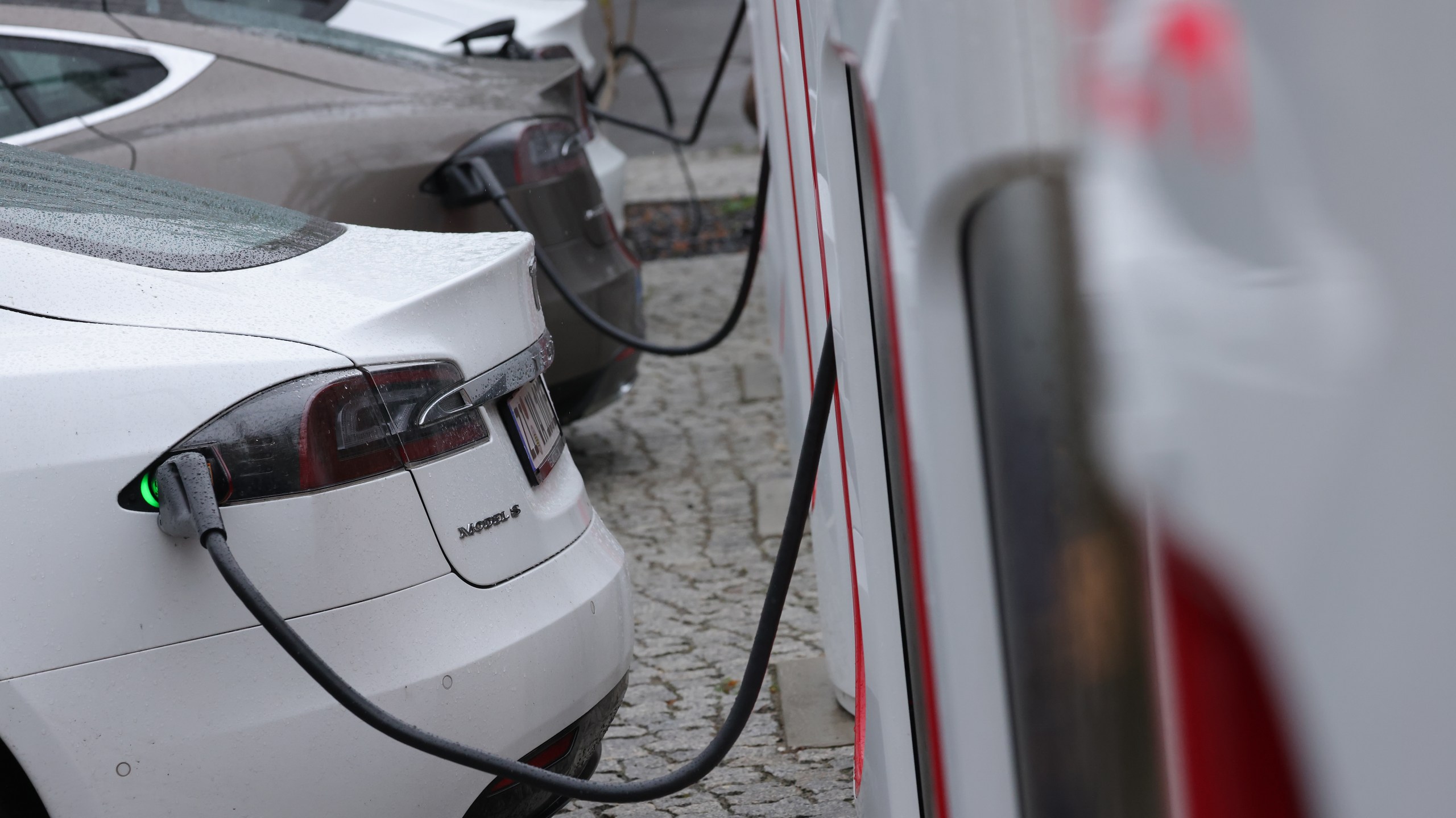 Tesla electric cars charge at a Tesla charging station on Oct. 5, 2021, in Berlin, Germany. (Sean Gallup/Getty Images)