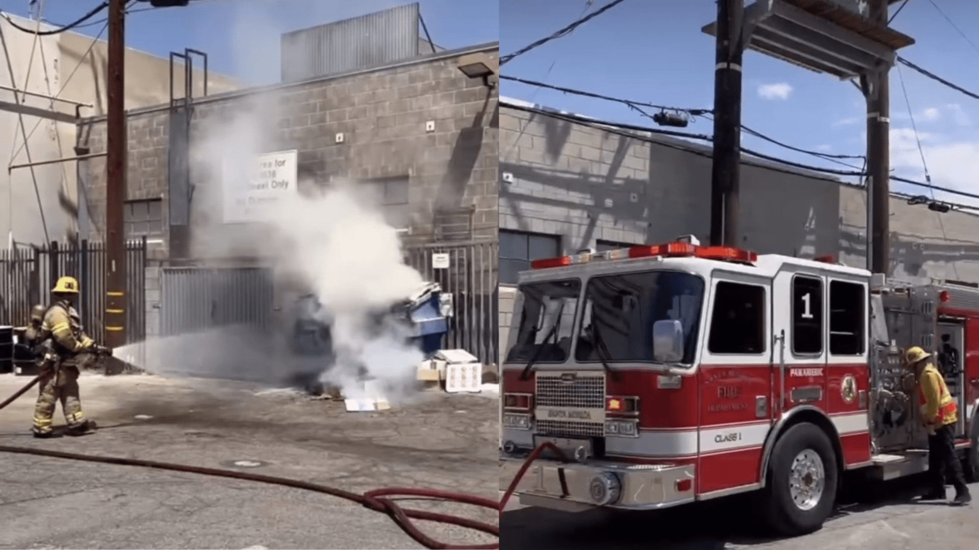 Firefighters extinguishing dumpster fire in Santa Monica