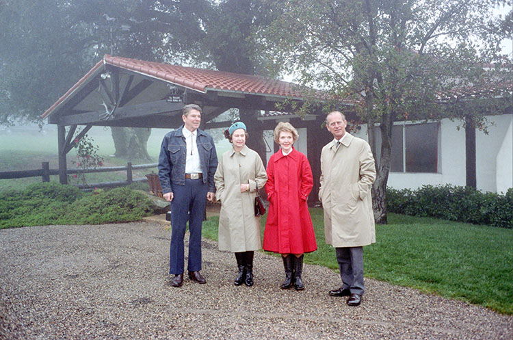 President Reagan Nancy Reagan with  Queen Elizabeth II and Prince Philip during their trip to the Ranch. (Ronald Reagan Presidential Library & Museum)