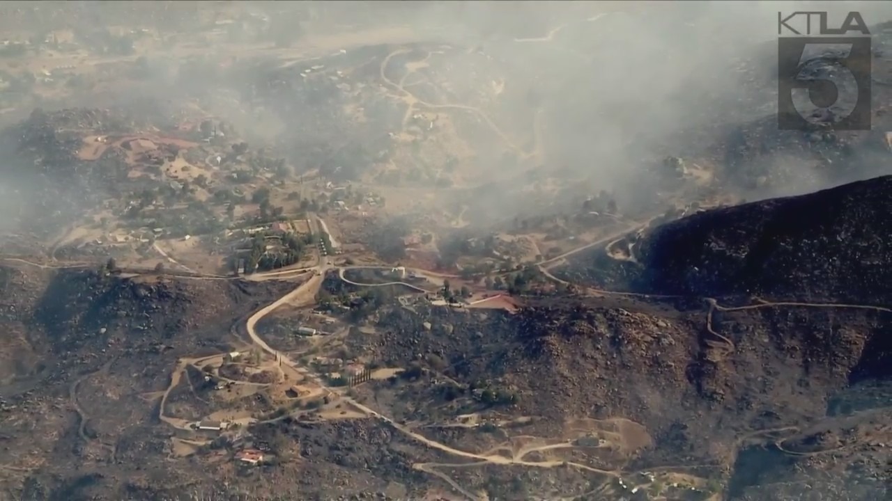 Damage caused by the Fairview Fire in Hemet on Sept. 6, 2022 is seen in an aerial image. (KTLA)