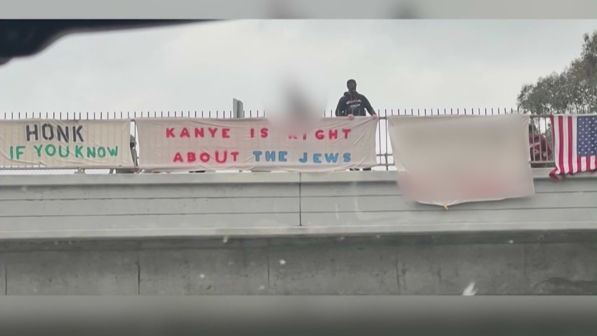 A group hung banners on a a 405 overpass supporting Kanye West's antisemitic remarks