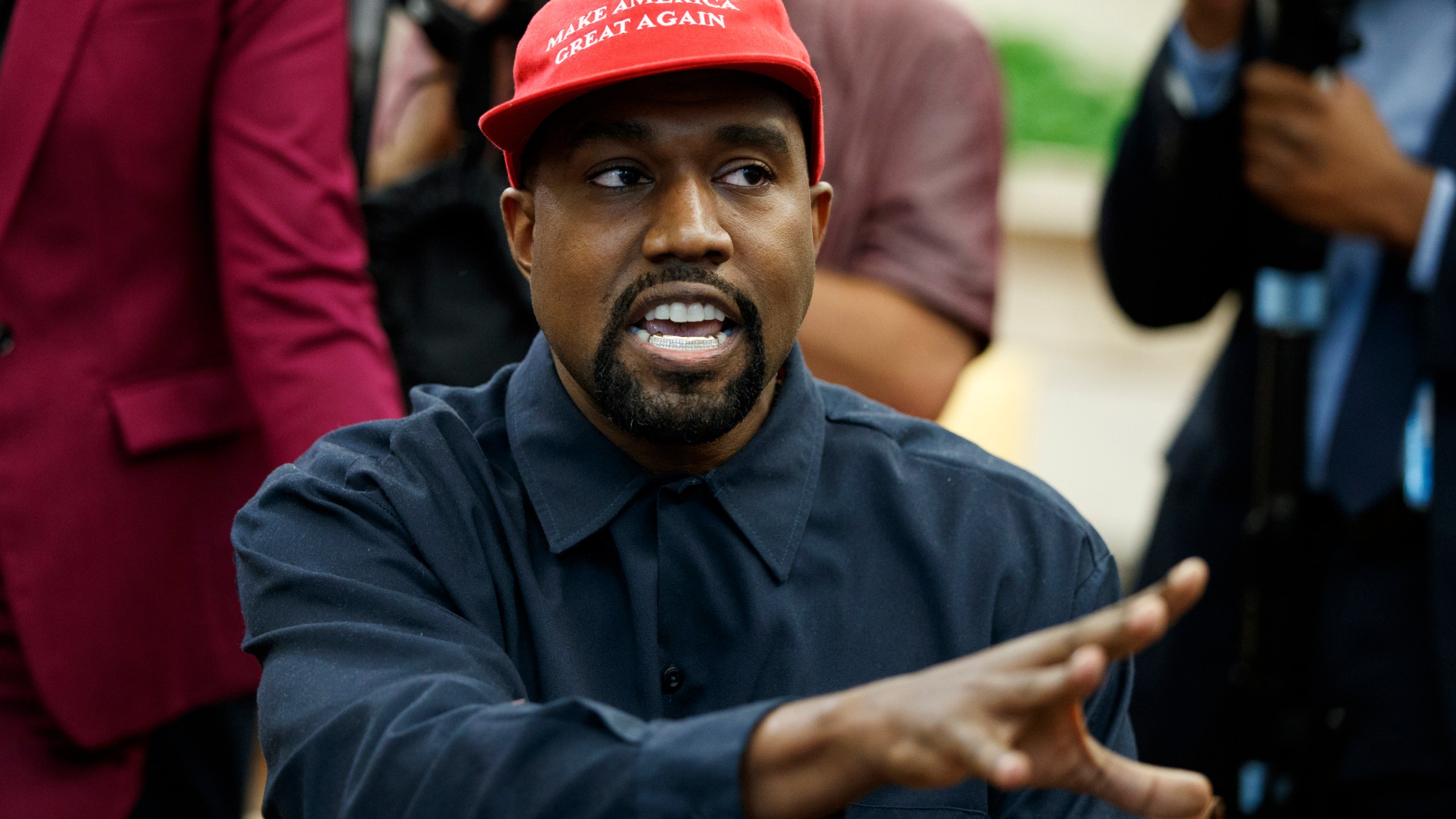 Rapper Kanye West speaks during a meeting in the Oval Office of the White House with President Donald Trump on Oct. 11, 2018, in Washington. (Evan Vucci/Associated Press)