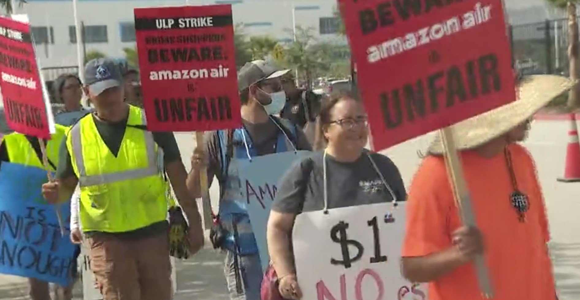 Amazon workers protest in San Bernardino on Oct. 14, 2022. (KTLA)