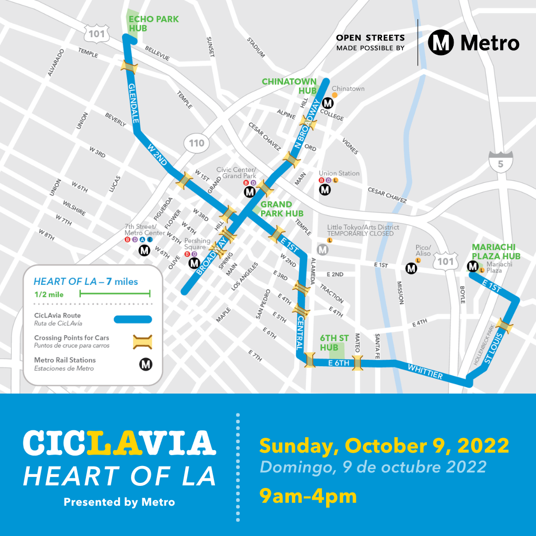 Map of Downtown L.A. streets closed to vehicles for CicLAvia on October 9, 2022.