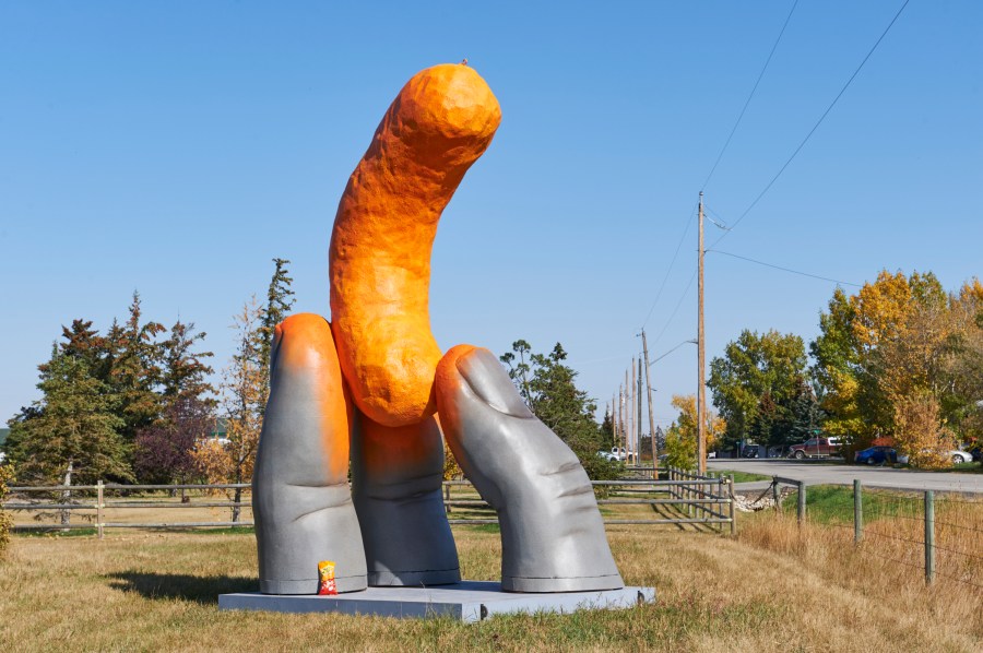 The Cheetos brand unveiled the Cheetle Hand Statue in Cheadle, Alberta, a small town in Canada, Tuesday. (Flatback)