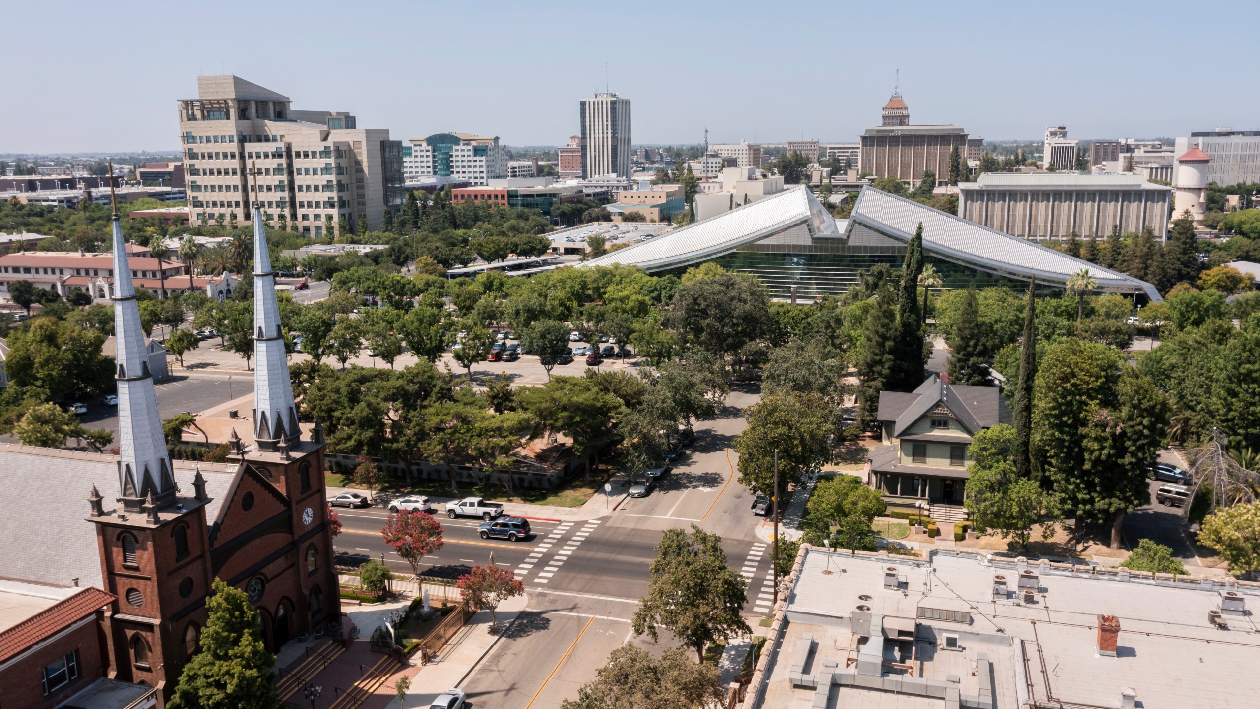 Daytime aerial view of the historic downtown district of Fresno, which scored worst for stoplight efficiency in a recent study. (Getty Images)