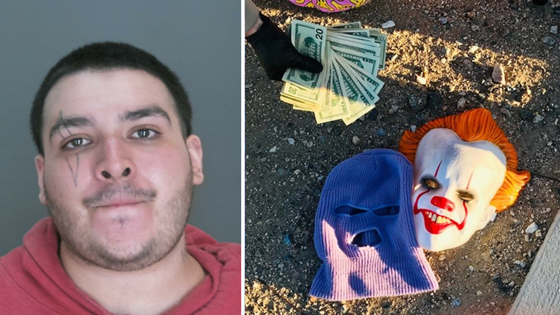 Joel Hernandez is seen in a photo released by the San Bernardino County Sheriff's Department on Oct. 26, 2022. The photo on the right shows the mask he was wearing when he allegedly attacked two women.