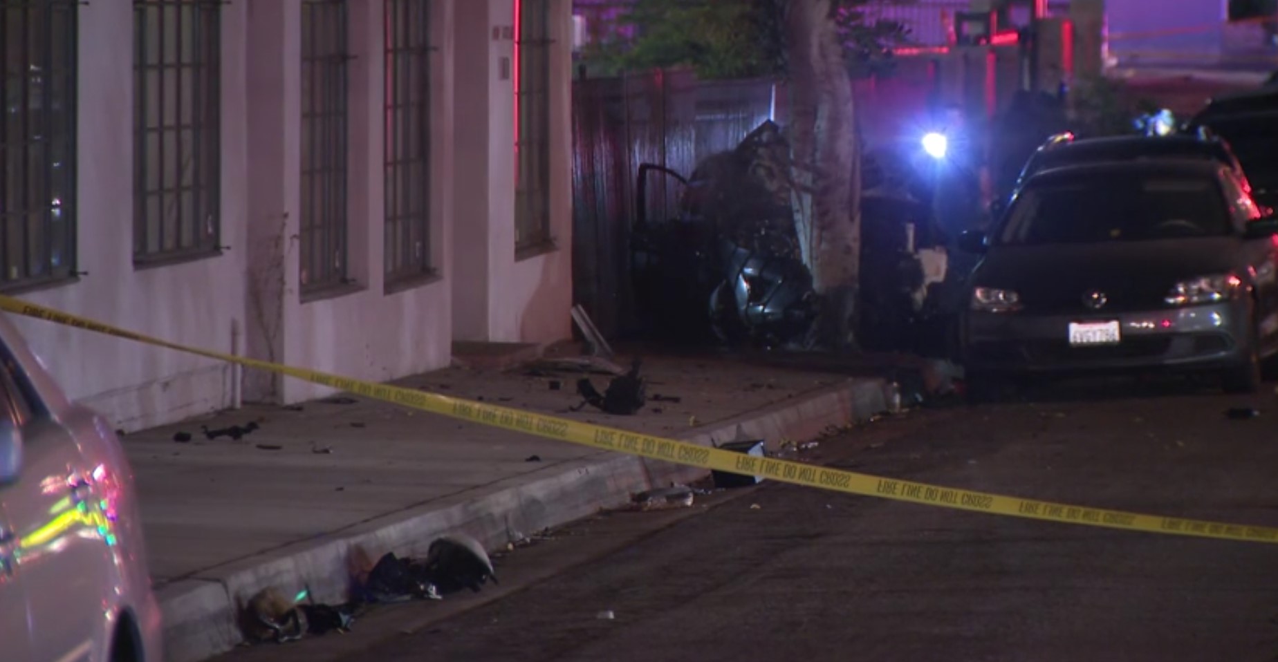 One person died and another was injured after a car struck a tree in Montebello on Oct. 16, 2022. (KTLA)