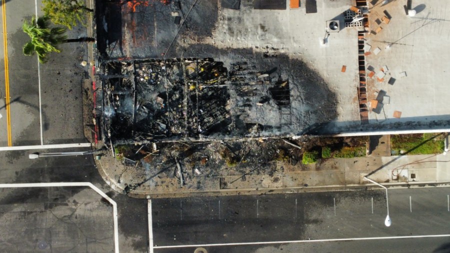 Three-alarm fire engulfs an office building in San Bernardino on Oct. 8, 2022. 