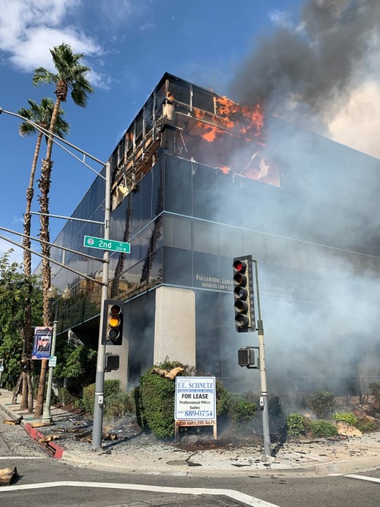 Three-alarm fire scorches an office building in San Bernardino on Oct. 8, 2022. (San Bernardino County Fire)