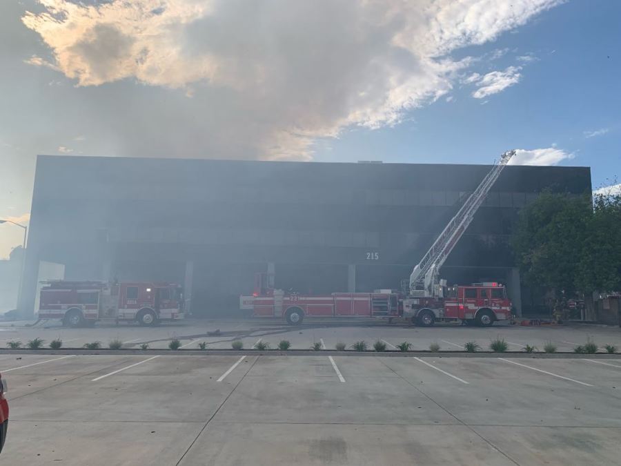 Three-alarm fire partially engulfs office building in San Bernardino on Oct. 8, 2022. (San Bernardino County Fire, @Femacampadvsr01)