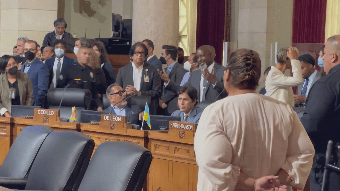 Gil Cedillo (left sitting) and Kevin de León (right sitting) are seen during an L.A. City Council meeting in October 2022. (KTLA)