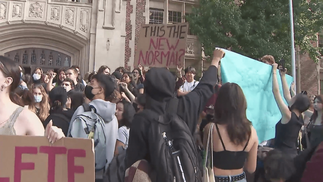 Students walked out of John Marshall High School and demanded accountability on Oct. 20, 2022, a day after a stabbing occurred on campus. (KTLA)