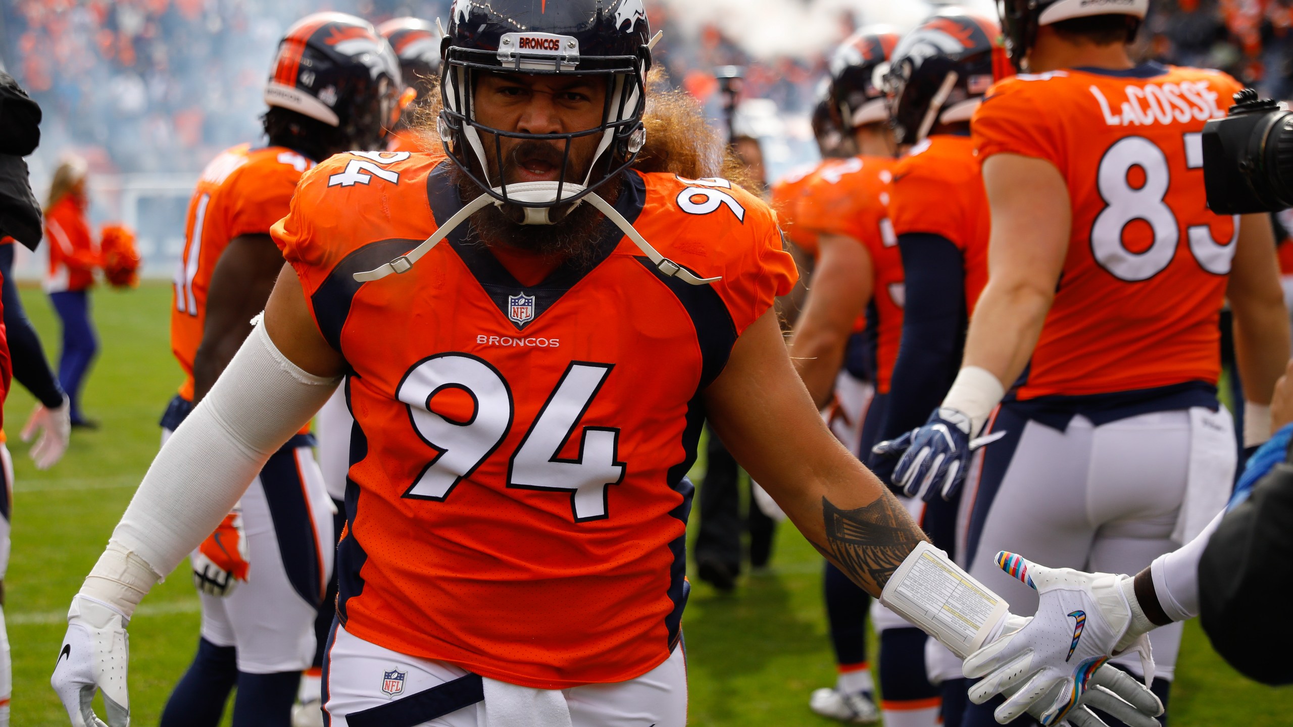 Domata Peko #94 of the Denver Broncos takes the field before a game against the Los Angeles Rams at Broncos Stadium at Mile High on Oct. 14, 2018 in Denver. (Justin Edmonds/Getty Images)