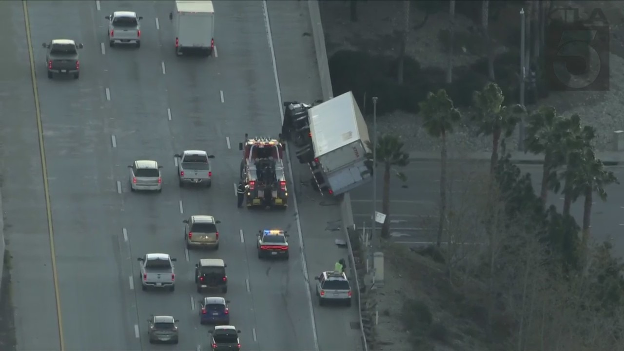 Strong winds overturned a semi in Rancho Cucamonga on Nov. 16, 2022. (KTLA)