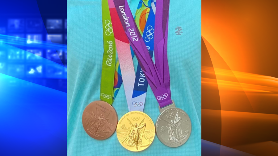 Three stolen Olympic medals from a Laguna Hills home in a photo provided by the Orange County Sheriff’s Department.