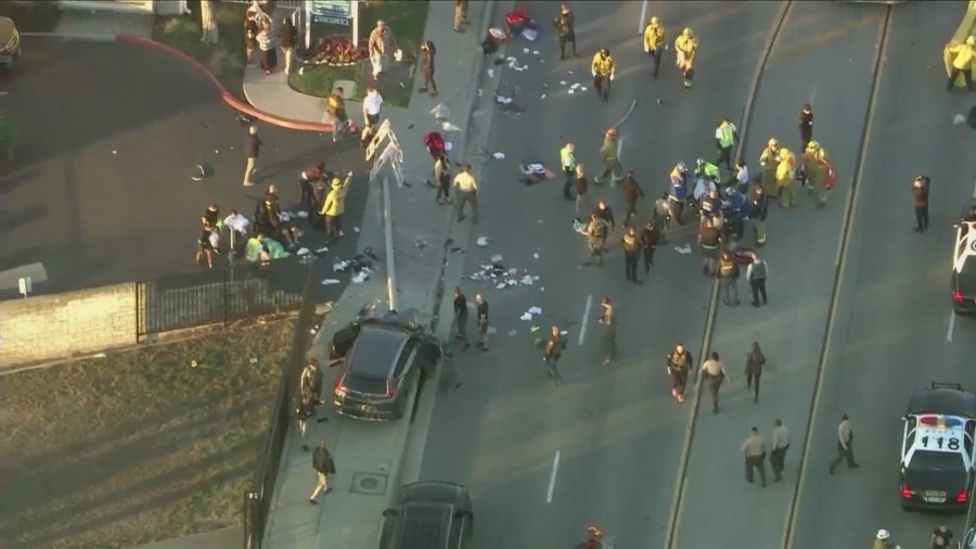 The scene of Wednesday's crash where 25 cadets were injured in South Whittier on Nov. 16, 2022. (KTLA)