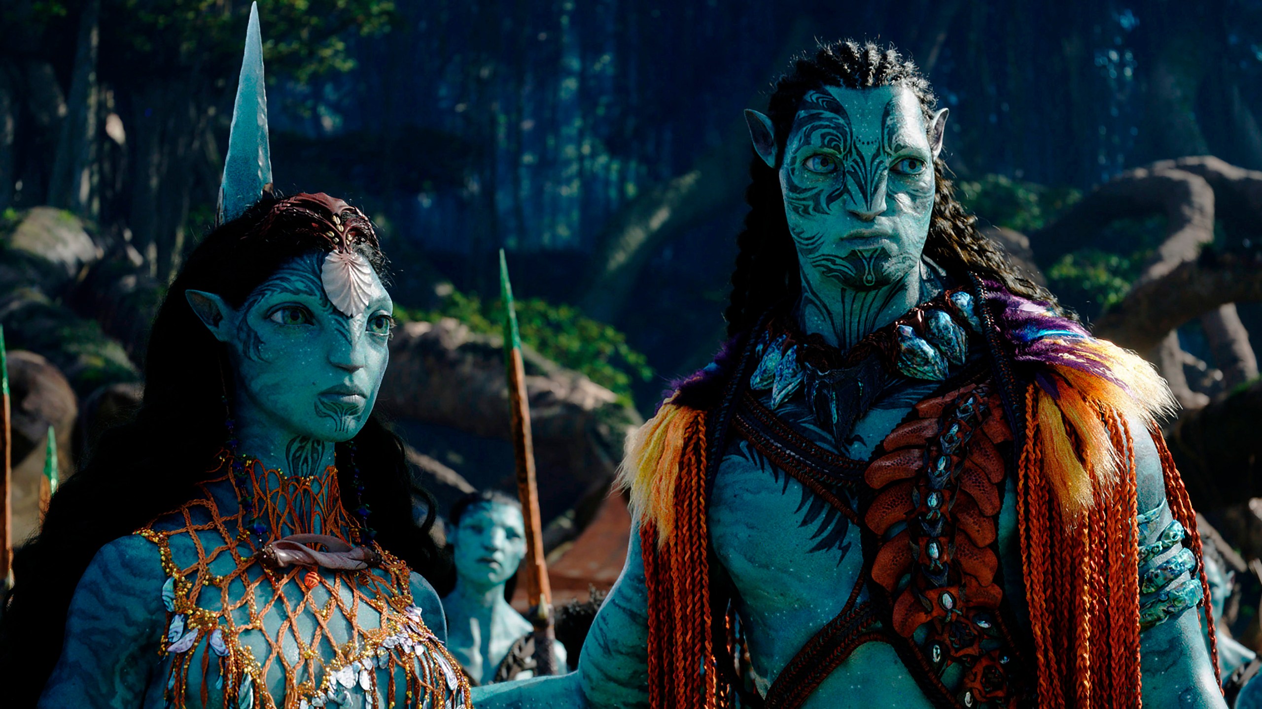 This image shows Kate Winslet as Ronal, left, and Cliff Curtis as Tonowari in a scene from "Avatar: The Way of Water." (20th Century Studios via AP)