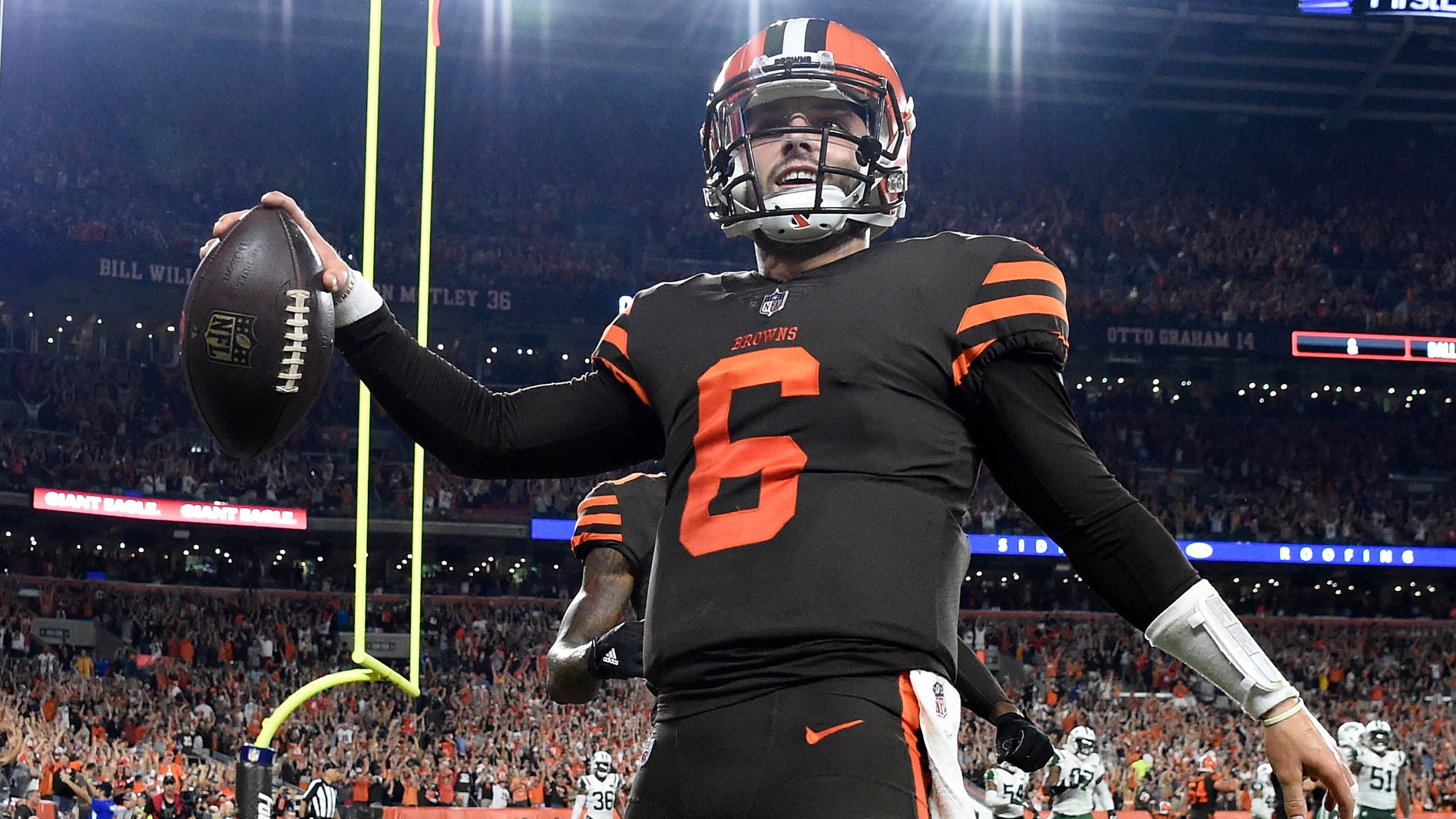 Baker Mayfield, then of the Cleveland Browns, celebrates after making a catch on a two-point conversion attempt during the third quarter against the New York Jets at FirstEnergy Stadium on Sept. 20, 2018 in Cleveland, Ohio. (Jason Miller/Getty Images)