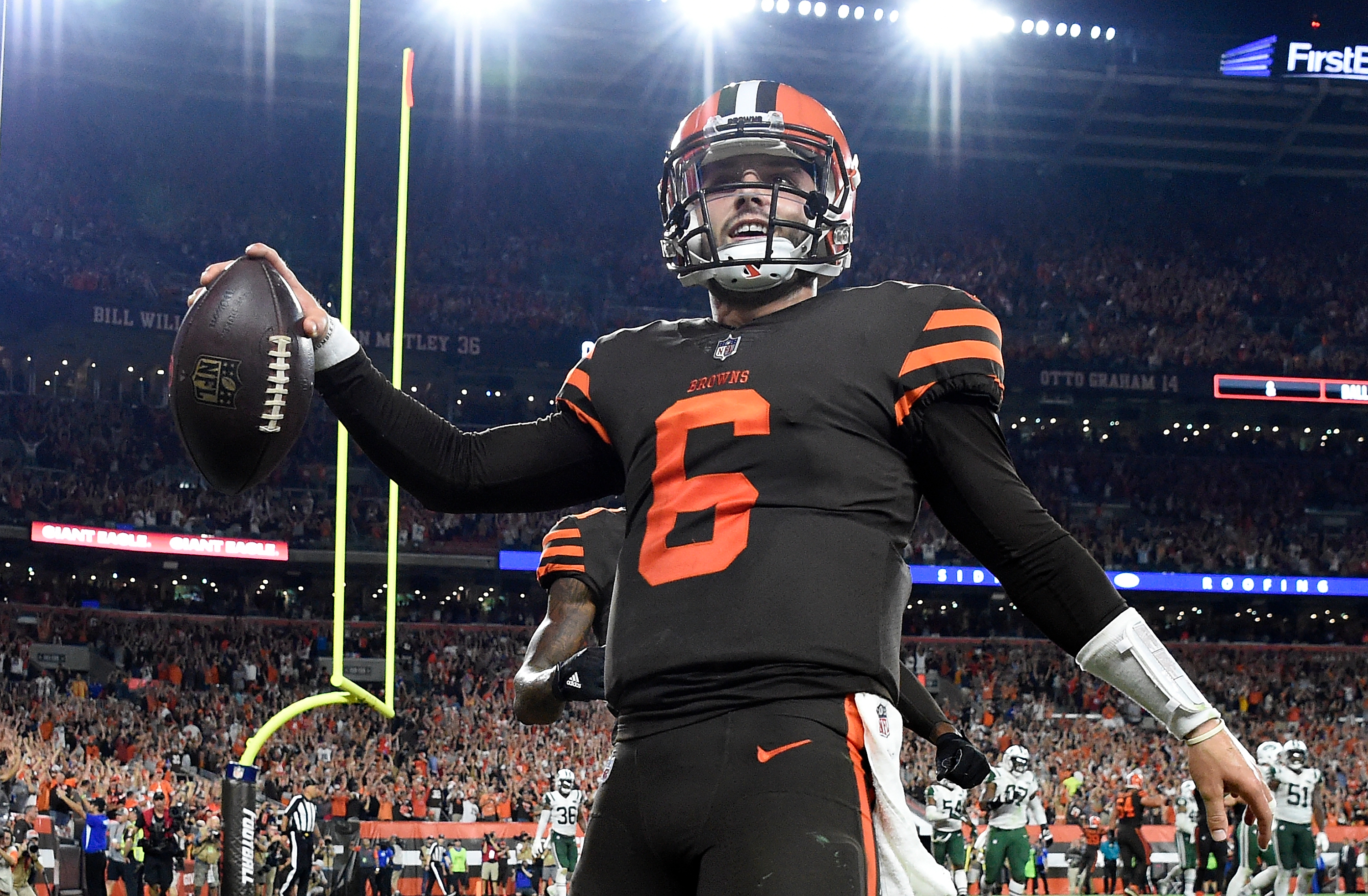 Baker Mayfield, then of the Cleveland Browns, celebrates after making a catch on a two-point conversion attempt during the third quarter against the New York Jets at FirstEnergy Stadium on Sept. 20, 2018 in Cleveland, Ohio. (Jason Miller/Getty Images)